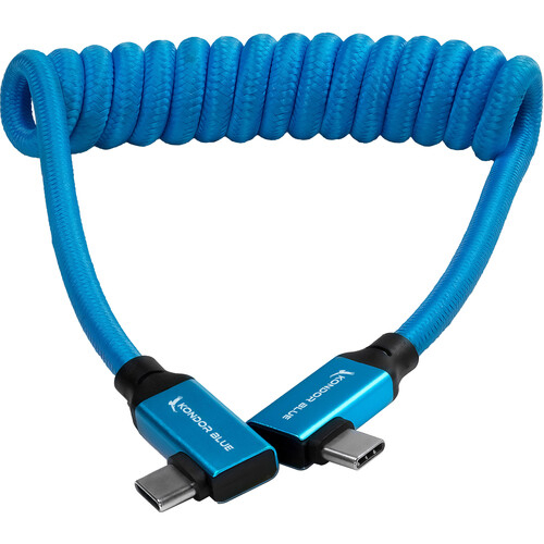 Kondor Blue Coiled USB C Right Angle Braided Cable - 30-60cm - Blue