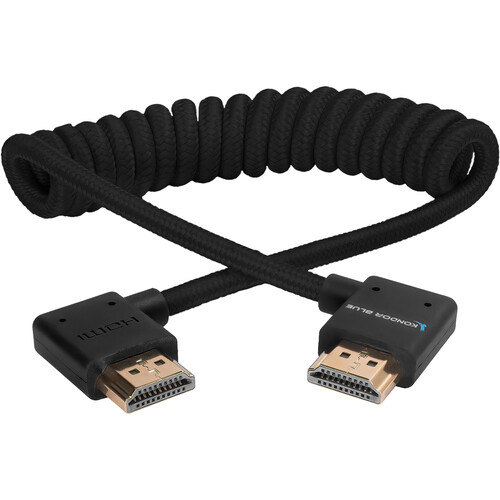 Kondor Blue Right Angle Full HDMI Cable For On-Camera Monitors Braided Coiled - 30-60cm - Black